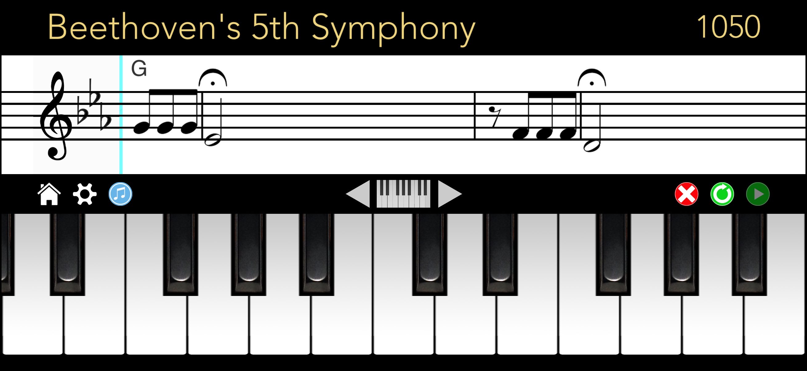 Piano app showing synced sheet music notation above an on-screen keyboard